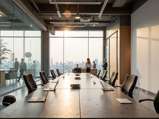 现代化办公环境,宽敞明亮的会议室,员工正在讨论工作,简洁现代的装修风格,自然光线充足